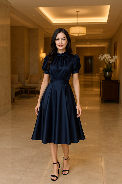 LACASE Βραδινό φόρεμα με σατέν μίντι φούστα σε μπλε ναυτικό χρώμα