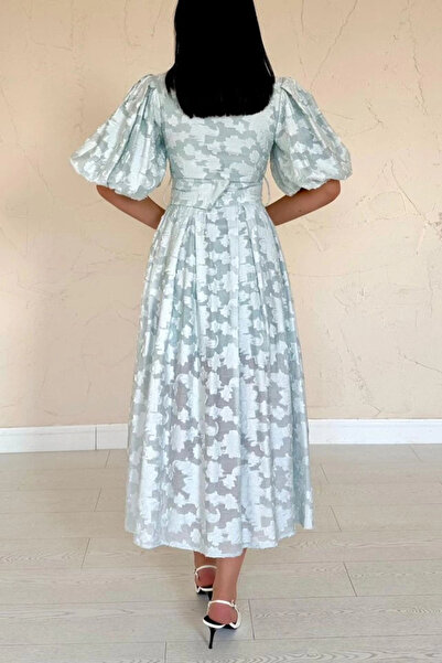 Pazarcan Menta színű íves ruha léggömb ujjakkal