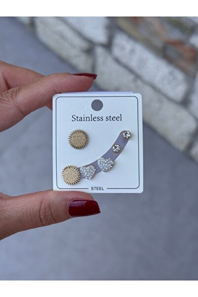 HERCY Zirkon Taşlı Çelik Küpe Set | 3'lü Set Çelik Küpe | Güneş Küpe | Tektaş Küpe