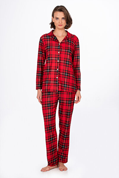 Kompedan Kadın Süet Önden Düğmeli Pijama Takımı | Ekose Kırmızı