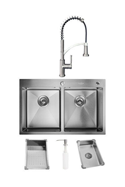 SanDonna Chiuvetă din inox HD7850DR, cu 2 cuve, tăvi și dozator de săpun + ba...