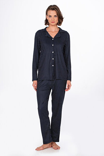 Kompedan Kadın Süet Önden Düğmeli Pijama Takımı | Puantiyeli Lacivert