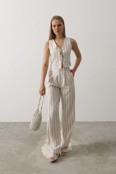 JANES Striped Vest Set - White-Stone