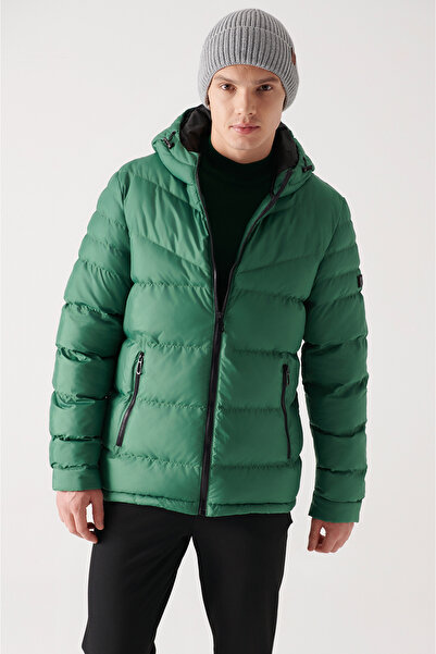Avva Men's Green Hooded Water Repellent Fabric Puffer Jacket E006011