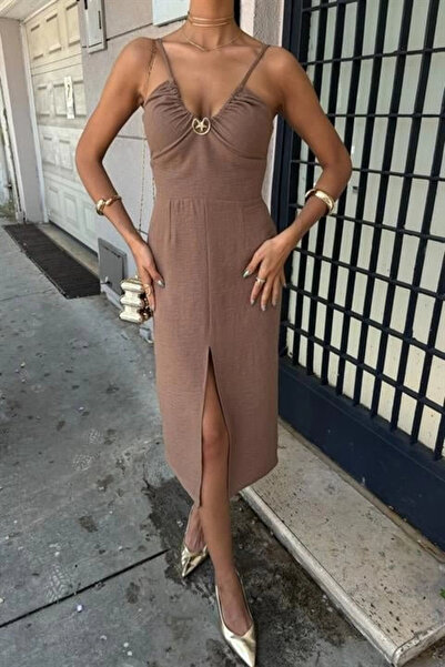 Moda Ebrar Dress with Chest Accessories and Slit Front 2899