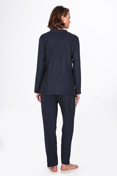 Kompedan Kadın Süet Önden Düğmeli Pijama Takımı | Puantiyeli Lacivert