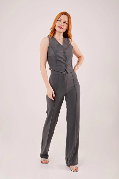 gl00my Single Button Gray Trousers with Front Stitching Detail