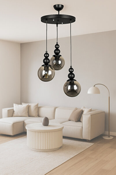 VENON Kardan Adam 3lü Sarkıt Avize Siyah Füme Glop Camlı Salon Avizesi Mutfak...