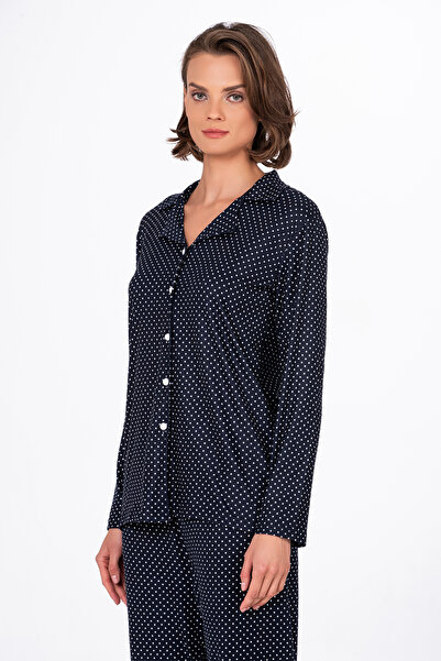 Kompedan Kadın Süet Önden Düğmeli Pijama Takımı | Puantiyeli Lacivert