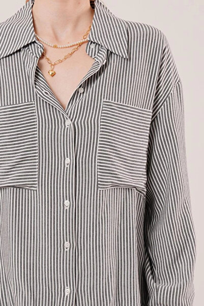 helegiy Bat Sleeve Striped Gray Shirt with Pocket Detail