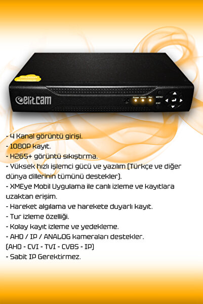 Elitcam 4 Kameralı Süper 4 Dış Kamera Set 250 GB 5 MP 2K Net Gece Görüşlü Güvenlik Kamerası Sistemi