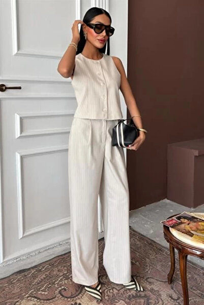 Butik Γιλέκο Plazzo Παντελόνι Ριγέ Flared Polyviscon Suit 10178