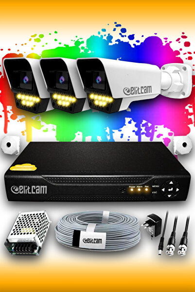 Elitcam 3 Kameralı Süper 3 Dış Kamera Set HDD'siz 5 MP 2K Renkli Gece Görüşlü...