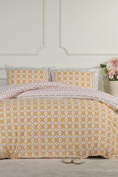 Elart Amanda Bedding Set King Size 100% Cotton Ranforce Fitted Sheet (240X220 cm) Yellow