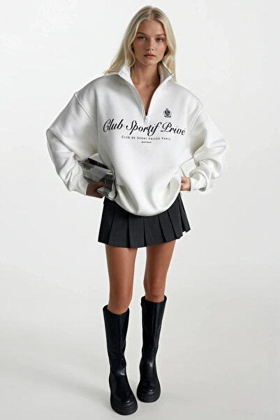 Black Fashion Ecru Sweatshirt with Printed Detail and Zipper