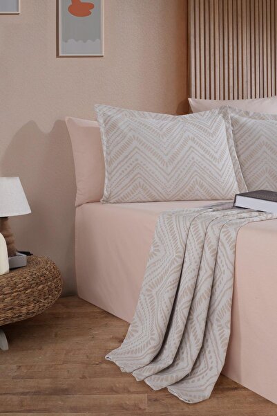 Elart Petra Yatak Örtüsü Takımı Çift Kişilik Keten Görünümlü 3 Parça (240x230 cm) Ekru