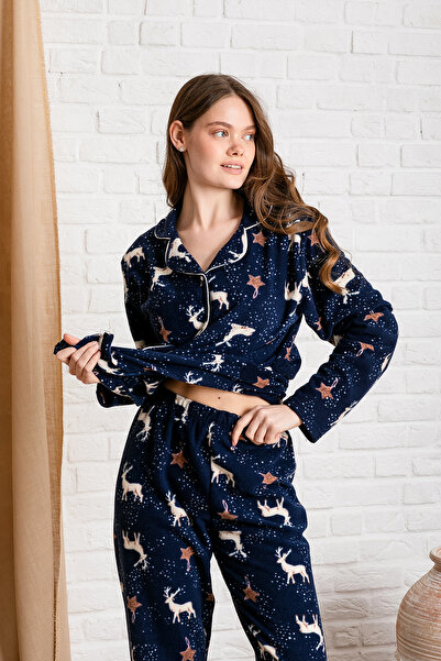 nisaNCa Zimní novoroční vzorované dámské fleecové pyžamové pyžamo - jelení vánoční pyžamo