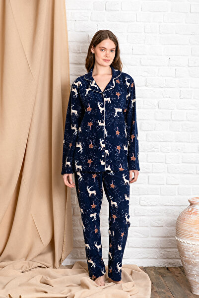 nisaNCa Zimní novoroční vzorované dámské fleecové pyžamové pyžamo - jelení vánoční pyžamo