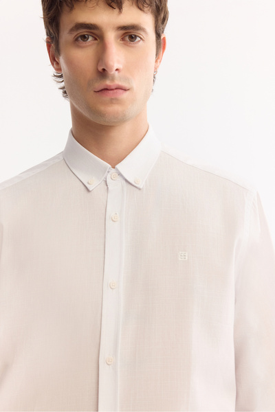 Avva Men's White Buttoned Collar 100% Cotton Linen Textured Shirt E 002141