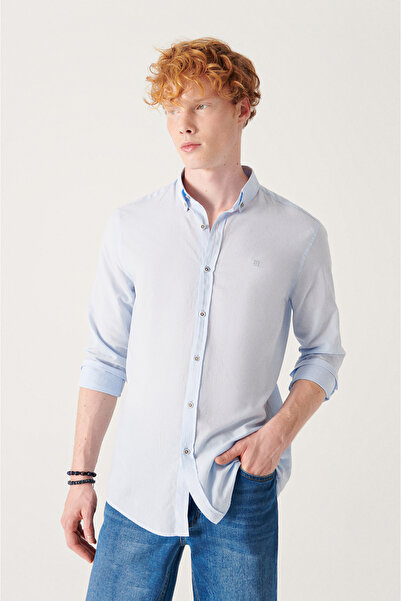 Avva Cămașă pentru bărbați, albastră, 100% bumbac, subțire, moale, cu guler cu nasturi E 002206