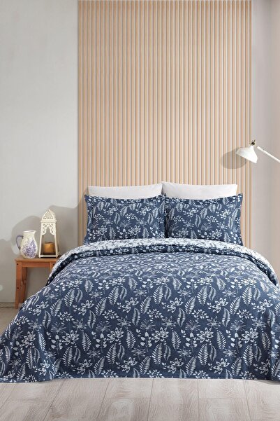 Elart Mokka Yatak Örtüsü Çift Kişilik Keten Görünümlü 3 Parça (240x230 cm) Lacivert