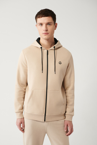 Avva Ανδρικό φούτερ με φερμουάρ σε μπεζ κουκούλα με 3 κλωστές 001019