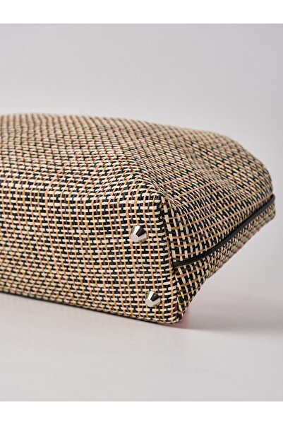 HEYBE'S Heybes Women's Black Piped Striped Jute Straw Clutch Handbag