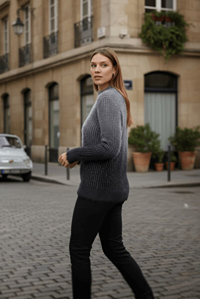 Brevia Gray Glitter Stripe Detail Bearded Knit Tie-Dye Pattern Long Sleeve Women's Angora Knitwear Sweater