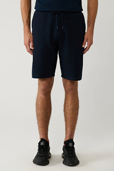 Avva Férfi sötétkék kötött, rugalmas derékú, fűzős texturált pamut keverék rövidnadrág E003404