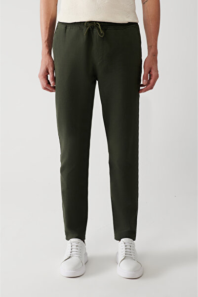 Avva Men's Khaki Side Pocket Elastic Waist 100% Cotton Linen Textured Trousers E 003052