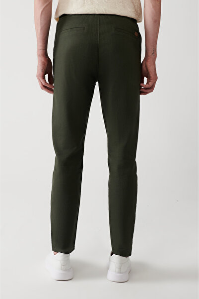 Avva Men's Khaki Side Pocket Elastic Waist 100% Cotton Linen Textured Trousers E 003052