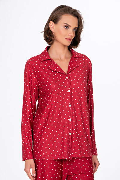 Kompedan Kadın Süet Önden Düğmeli Pijama Takımı | Kalpli Kırmızı
