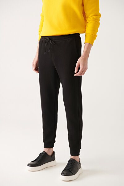 Avva Men's Black Lace-Up Waist Elastic 3 Thread Raised Sweatpants E 003402