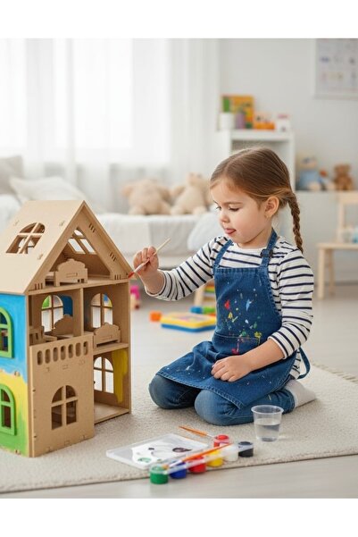 şimşek hobi tasarım Ahşap Geçme Sistemli Çocuk Oyun Evi, Boyama Seti