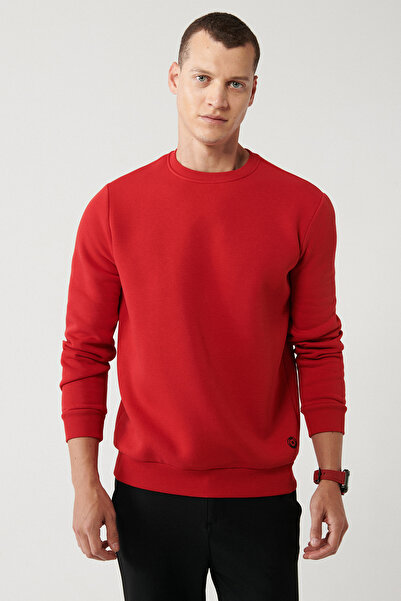 Avva Erkek Kırmızı Şardonlu Kumaş Bisiklet Yaka Basic Sweatshirt E001017