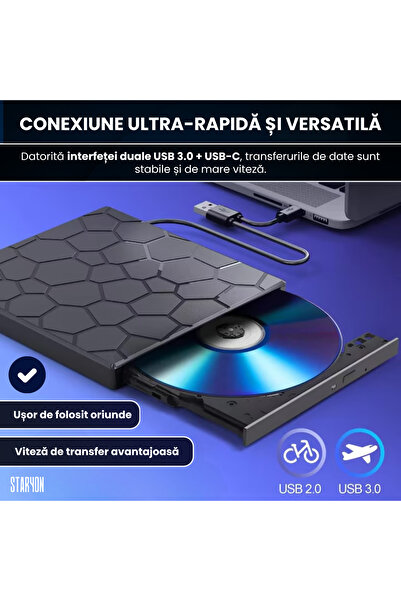 Staryon Portable External DVD Drive, Slim, ®, Usb 3.0, Cd/dvd /-, Rw, Multifunctional, Black