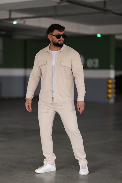 L-KOM Çift Cepli 2'li Takım Pamuklu Rahat Gömlek & Pantolon Takımı