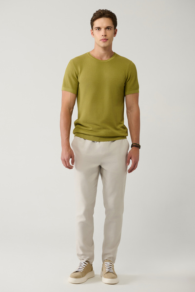 Avva Men's Stone Side Pocket Elastic Waist 100% Cotton Linen Textured Trousers E 003052