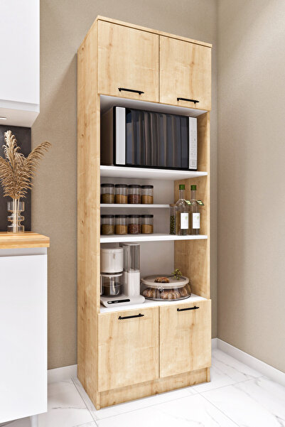 ASES Esl0177 Çok Amaçlı Dolap 4 Kapaklı 5 Raflı Kiler Mutfak Dolabı Meşe - Beyaz