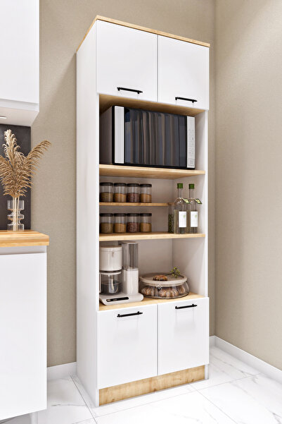 ASES Esl0177 Çok Amaçlı Dolap 4 Kapaklı 5 Raflı Kiler Mutfak Dolabı Meşe - Beyaz