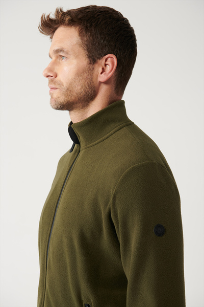 Avva Khakifarbene Basic-Fleece-Strickjacke mit Stehkragen für Herren E001069