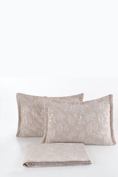 Elart Mokka Yatak Örtüsü Çift Kişilik Keten Görünümlü 3 Parça (240x230 cm) Ekru