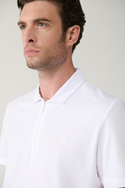 Avva Men's White 100% Cotton Zippered Polo Collar T-Shirt E 001034
