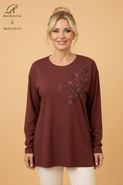 Ravencia Women's Floral Patterned Stoned Stretch Fabric Slit Brick Color Wool Mother Combed Cotton Blouse