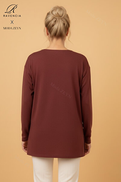 Ravencia Women's Floral Patterned Stoned Stretch Fabric Slit Brick Color Wool Mother Combed Cotton Blouse