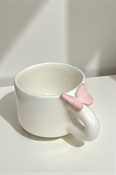 YUUGI CERAMIC El Yapımı Seramik Kupa 3D Pembe Kelebek Figürlü Kupa 180ml Mug
