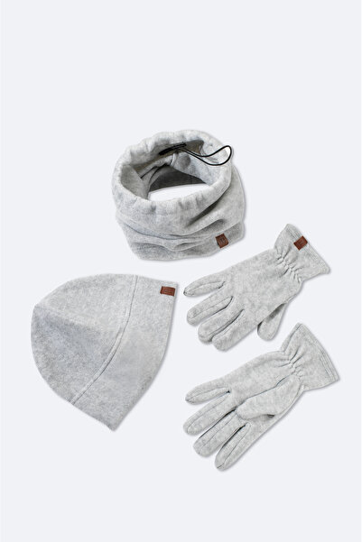 Avva Men's Gray Fleece Basic Neck Collar Beanie and Gloves Set B 009250