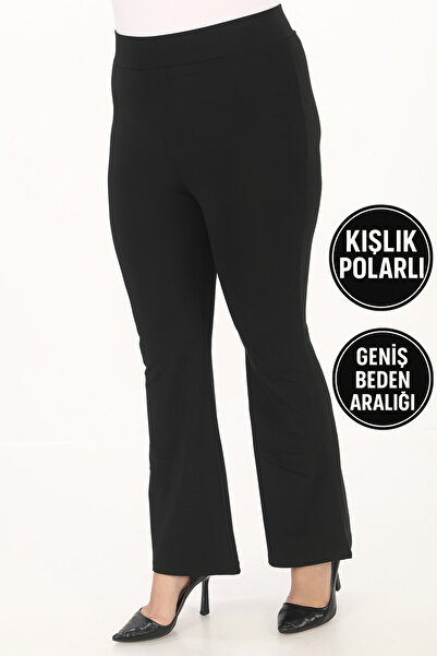 BANEGA Curve Büyük Beden Dalgıç Kumaş İspanyol Paça Kışlık Şardonlu Polarlı Toparlayıcı Siyah Tayt