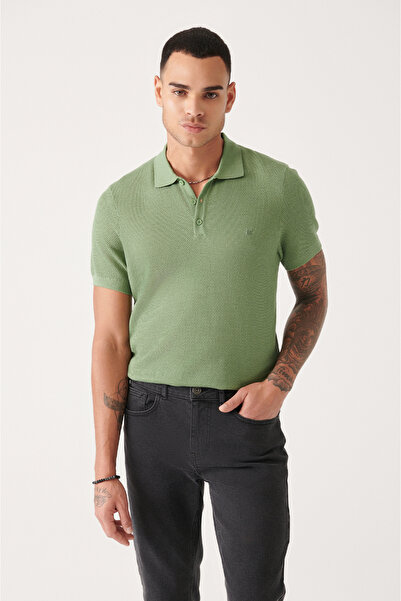 Avva Men's Water Green Soft Touch 3 Button Textured Polo Neck Knitwear Regular Fit T-Shirt B005009