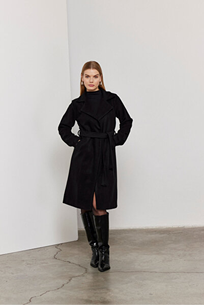 SevdeUgur Black Belted Stamped Women's Coat - Buttoned / Collection